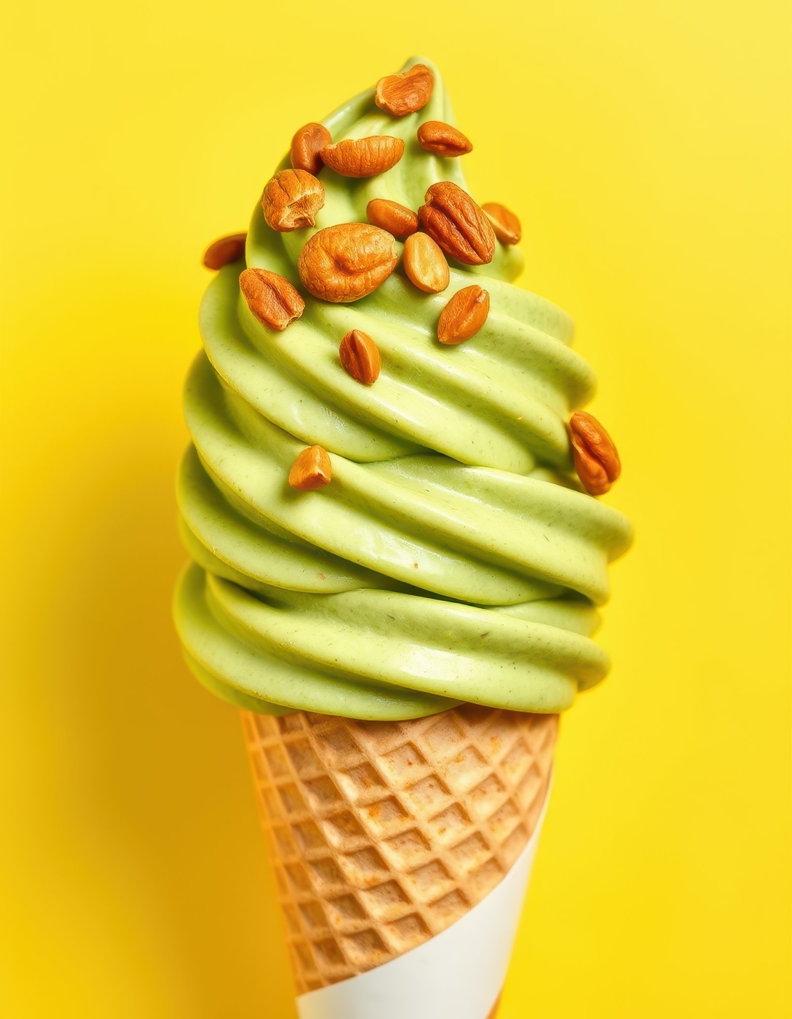 Delicious green tea soft serve ice cream topped with crunchy nuts against a bright yellow background